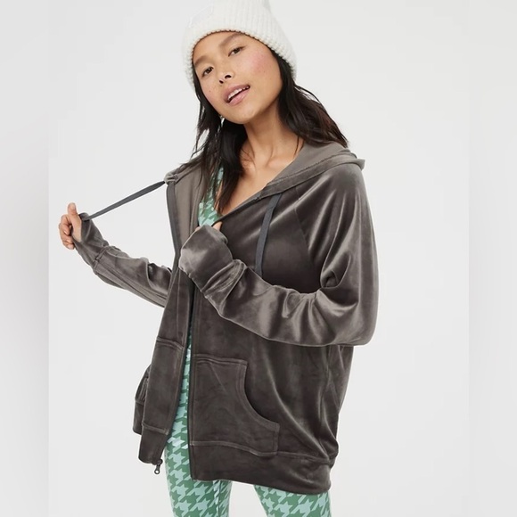 Offline by Aerie NWT Small After Party Velour zip up hoodie Gray - Picture 1 of 7